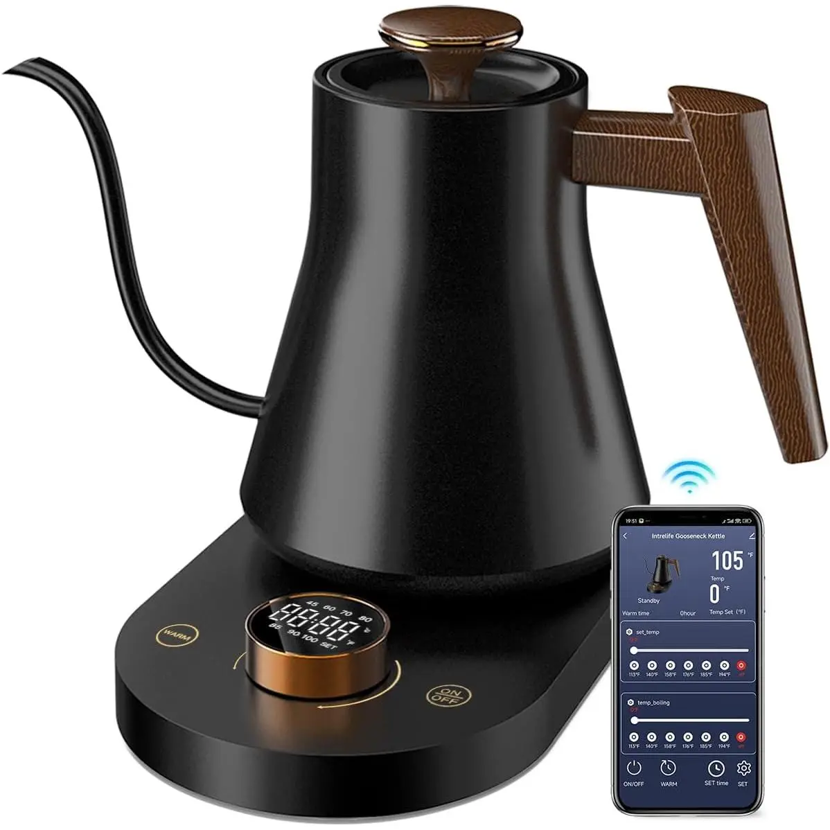 Stainless Steel Smart Electric Gooseneck Kettle - Ergonomic Handle, Compact 0.8L Capacity, 1000W, WiFi Control, 1-Degree °F Accuracy, Temp Control, Keep Warm, Overheat Protection, for Home & Office Pour Over Coffee Lovers