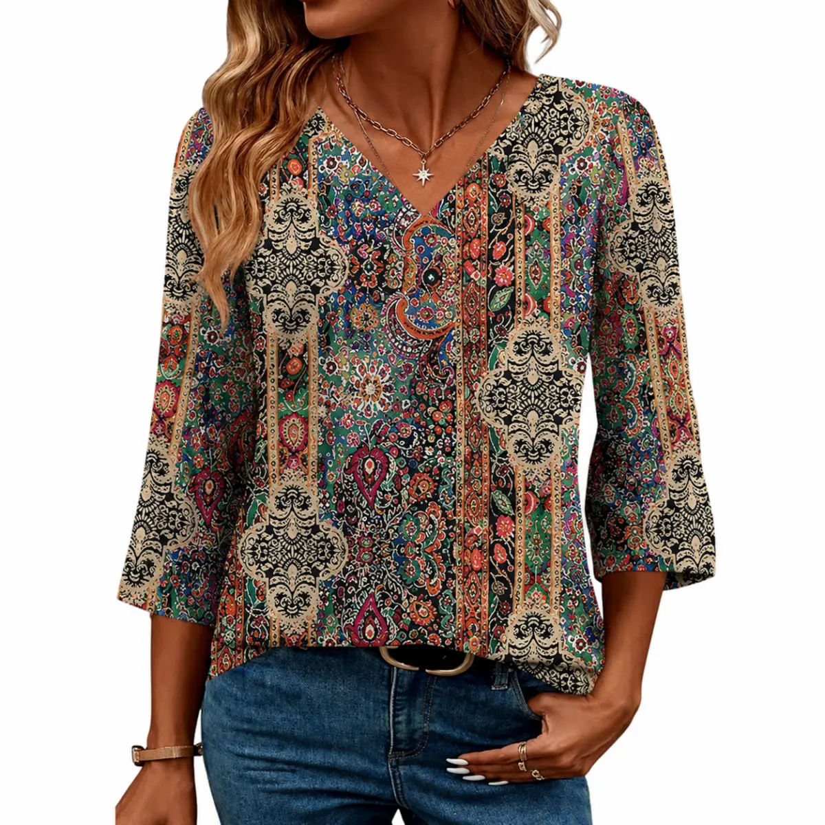 Womens 3/4 Sleeve V Neck Boho Tops Floral Paisley Print Casual T Shirt for Women, Loose Fit Dressy Casual Blouse, Lightweight Soft Tee for Work, Vacation, Travel, Daily Wear, Spring Summer, S-5XL