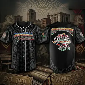 Rumble Ponies Baseball Jersey – Black Tribal Pattern Button Up Shirt, Hometown Heroes Style, MiLB Fan Apparel, Unisex Streetwear, Game Day Outfit, Gift for Baseball Fans