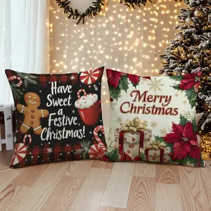 Christmas Themed Cushion Cover, 4 Counts/set Square Throw Pillow Cover, Household Decoration Supplies for Home Living Room Bedroom Sofa Couch