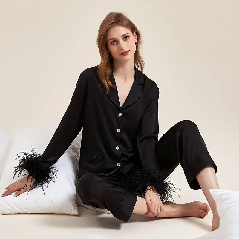 Autumn New Detachable Feather Ice Silk Pajamas for Women Spring and Summer High-Grade Ostrich Feather Home Wear Suit