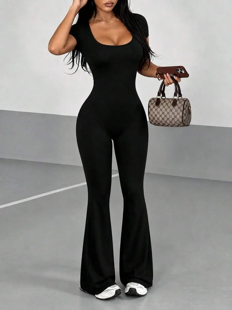 Women's Flared Jumpsuit Summer U-Neck Black Daily Casual Slim Sports Versatile,Business,Y2K, Ins, Going Out,Back To School,Halloween,Fall,Winter