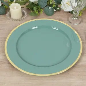10-Pack Economy Plastic Charger Plates 12" Round Dusty Sage Green with Wide Gold Rim - Dinner Party Serving Plates