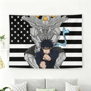 Jujutsu Kaisen Megumi Fushiguro & Mahoraga Black American Flag Wall Flag, Anime Manga Tapestry, Cool Aesthetic Room Decor
