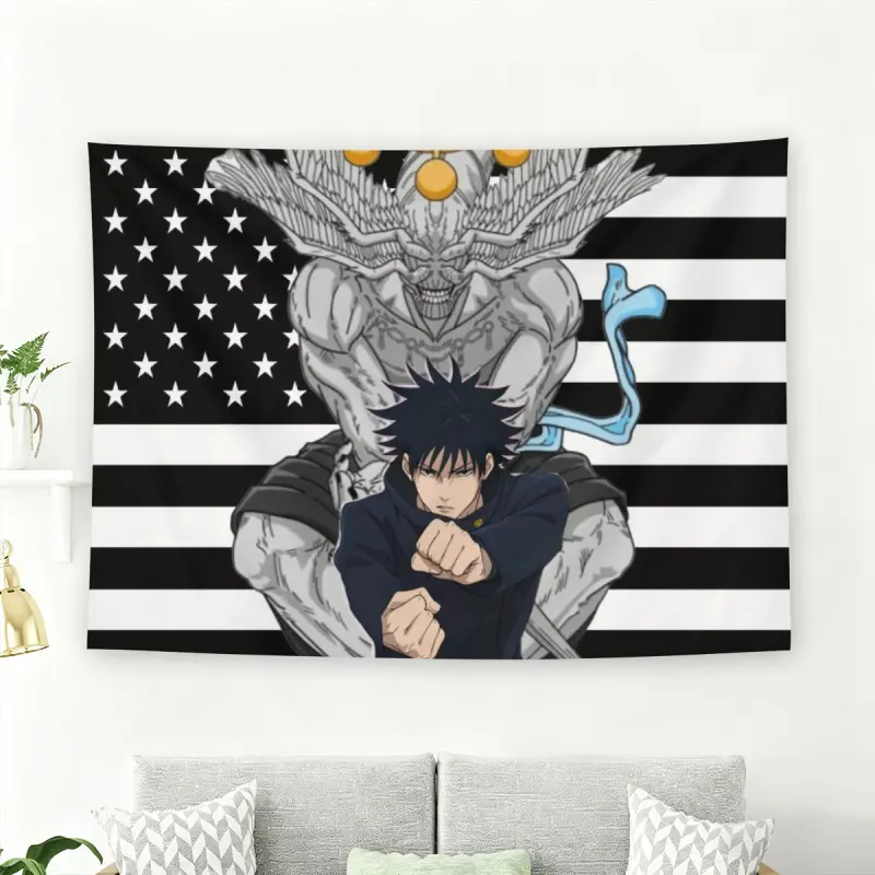 Jujutsu Kaisen Megumi Fushiguro & Mahoraga Black American Flag Wall Flag, Anime Manga Decorative Tapestry, Cool Aesthetic Room Decor