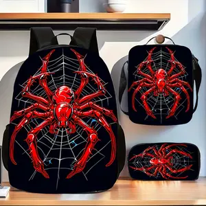 3PCS Red Spider & Web Print Backpack Set, Water Resistant School Bag + Lunch Box + Pencil Case, Lightweight, Fits 15-inch Laptop, Breathable Straps, Bold Superhero-Inspired Vibe