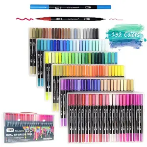 100/132 Color Dual-Ended Brush Set, Watercolor Brushes and Fine Tip Markers, Ideal for Drawing, School Notes, Journals, Art Supplies, Artist Supplies