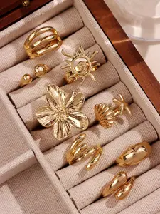 8-piece set: fashionable, bold, unique, high-end, elegant, refined, sparkling, chic, versatile, luxurious jewelry set featuring sunflower and seashell motifs with irregular geometric cutout designs—rings for women’s everyday wear, holiday parties, and sum
