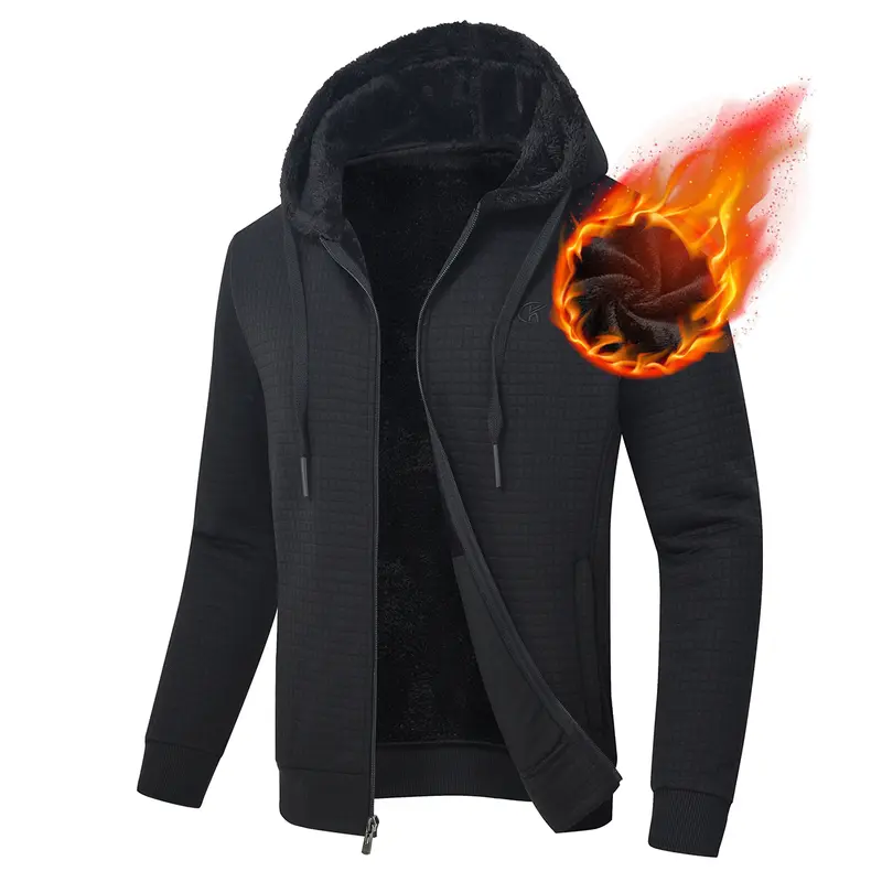 【Plus Size】Plus Size Men's Heavyweight Fleece Zip-Up Hoodie with Drawstring Hood, Sherpa-Lined Longsleeve Black Winter Outerwear, Plus Size Clothes for Casual Streetwear Looks, High-Quality Men's Clothing