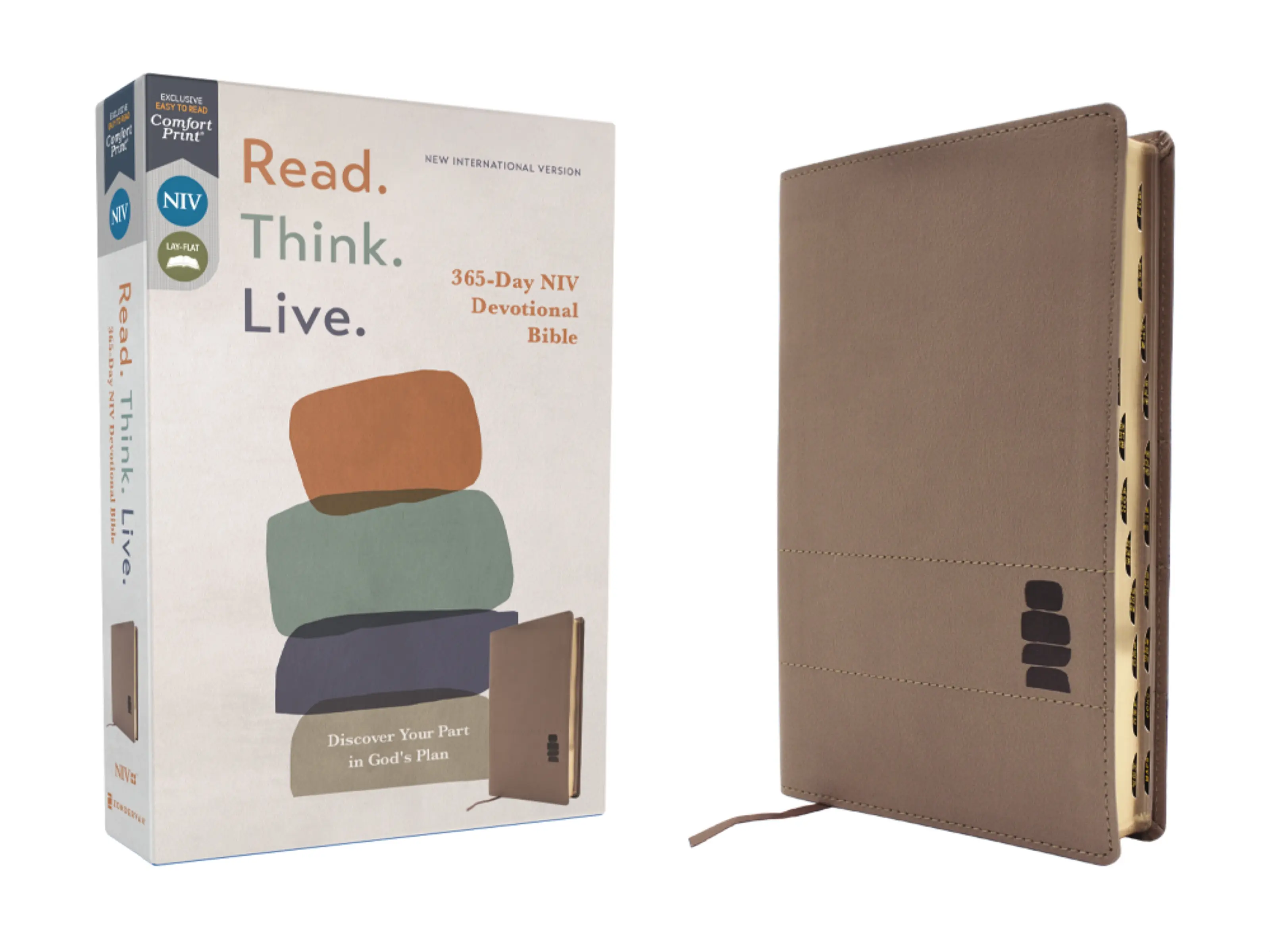 NIV, Read. Think. Live., Leathersoft, Brown, Thumb Indexed, Comfort Print: 365-Day NIV Devotional Bible - Discover Your Part in God's Plan by Walk Thru the Bible [Leatherbound Book]