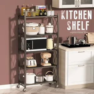 5-Tier Storage Shelving Unit,Heavy Duty Metal Shelf 27.9"x13.4"x62.5,Foldable Storage Shelf with Wheels,Garage Shelf,Metal Storage Rack,Kitchen Shelf with 4 Hooks,No Assemble Require Space-Saving office Stable Desk