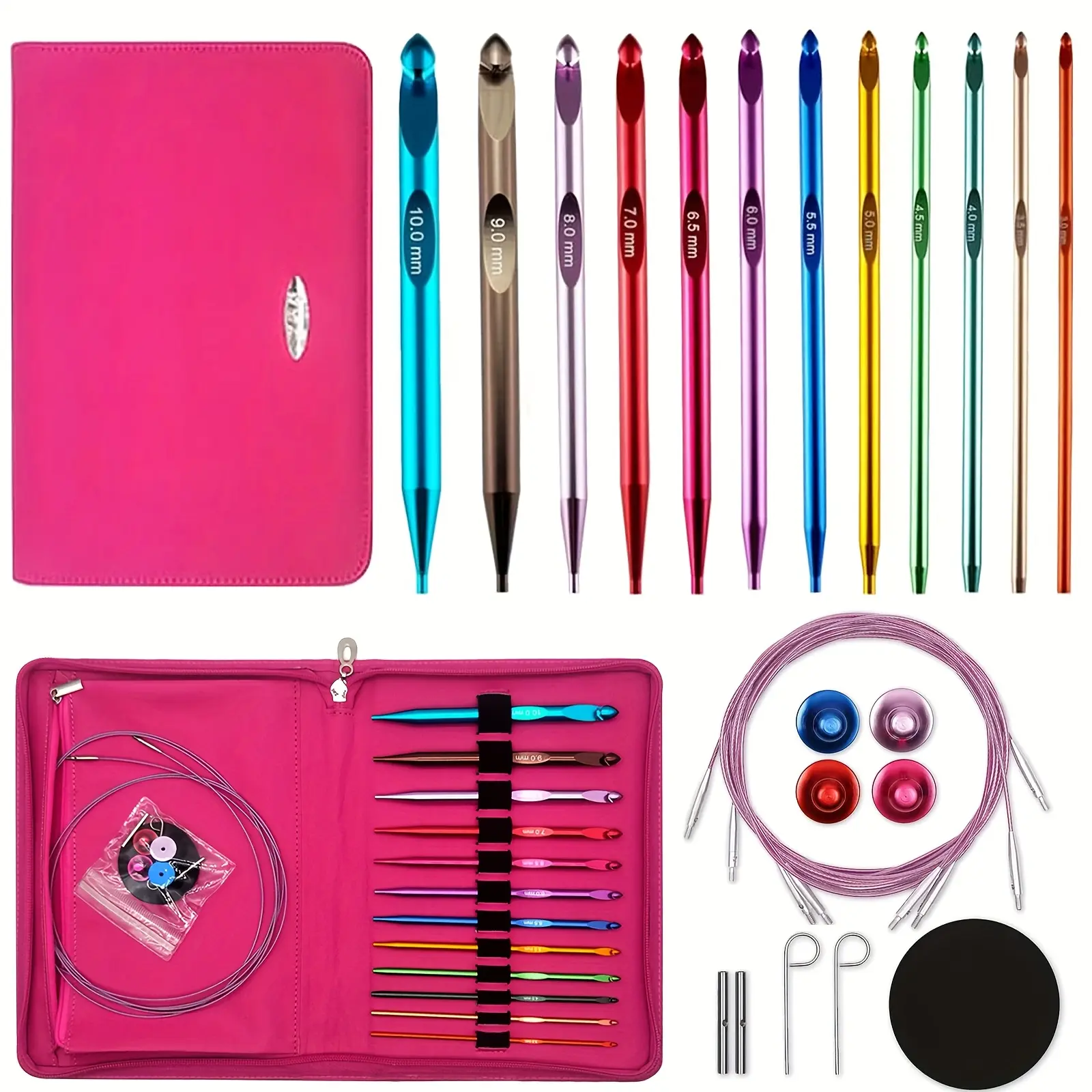 Tunisian Crochet Hooks Set with Cable,Long Aluminum Crochet Hooks 3mm-10mm Interchangeable Crochet Needles with Cord