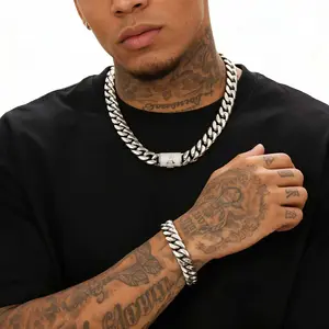 Men's Chain & Bracelet Set, 14mm Heavy Miami Cuban Link Stainless Steel Jewelry, Personalized A-Z Letter Clasp, Waterproof for Casual Wear, 20in Necklace, 7.5in Bracelet