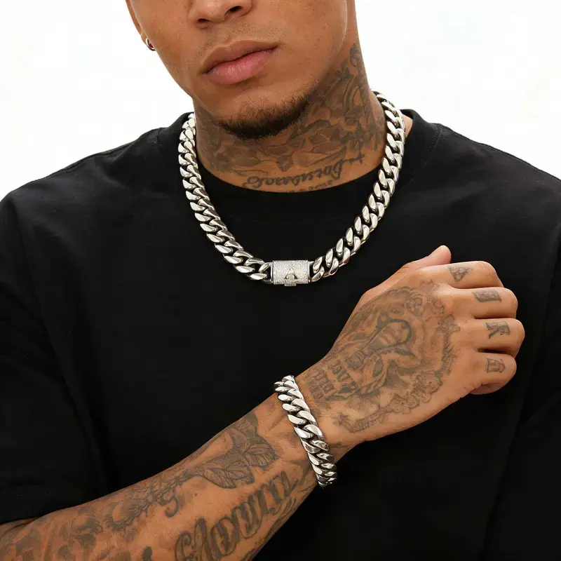 Men's Chain & Bracelet Set, 14mm Heavy Miami Cuban Link Stainless Steel Jewelry, Personalized A-Z Letter Clasp, Waterproof for Casual Wear, 20in Necklace, 7.5in Bracelet