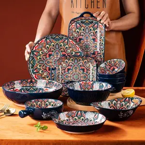 Boho Style Ceramic Dinnerware Set, 4 Counts Exquisite Soup Bowl Or Food Fish Plate, Kitchen Accessories for Home Dining Room, Modern Tableware Sets