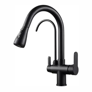 Kitchen Sink Faucet with Pull Down Sprayer, 3 in 1 Kitchen Faucet with Drinking Water Faucet, 2 Handel Filter Purifier Faucet Matte Black