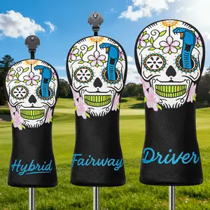 Golf Club Headcover Sleeves with Skull & Flower Design, Fits 1/wood/3/5-Wood/ut, Right-Handed Golfer Protection, Elastic Closures, Golf Accessory