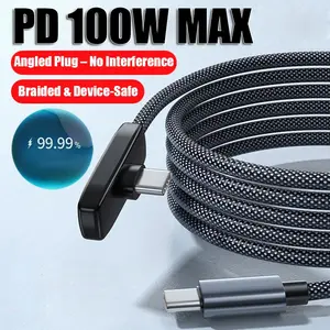 90 Degree Bent Braided Fast Charging Cable, Pd100w Max, Type-C to Type-C, Compatible with iPhone, Switch, Macbook, iPad, Xiaomi, Samsung, Huawei