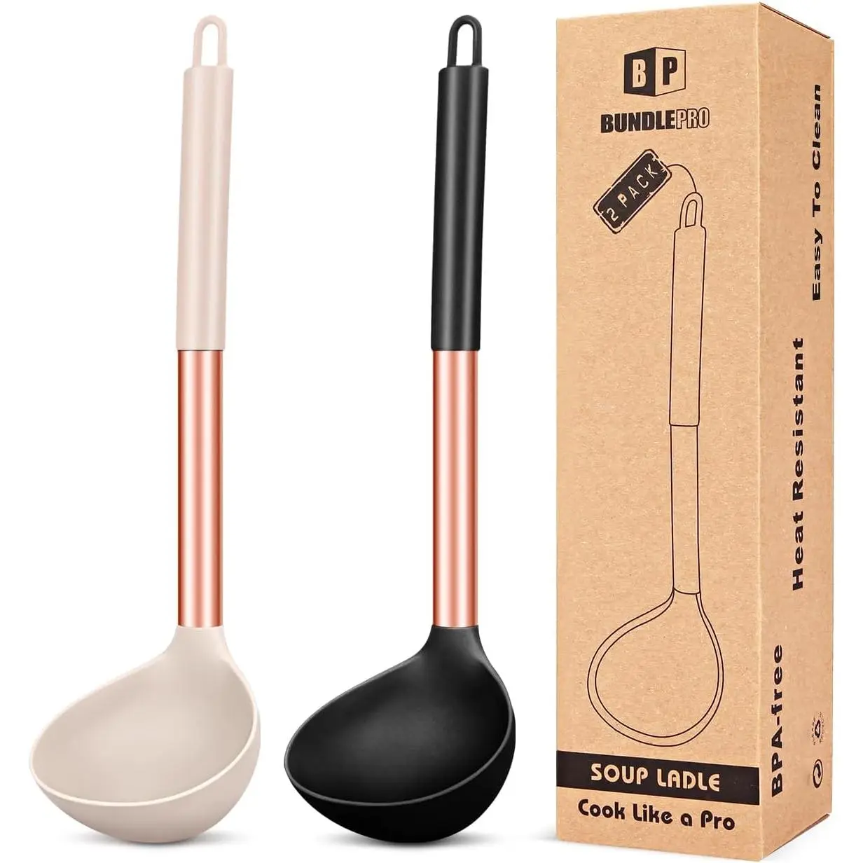 Pack of 2 Ladle Spoon,Silicone Large Spoon for Soup,Non Stick Kitchen Utensils with High Heat Resistant,BPA Free Perfect Kitchen Tools for Cooking, Stirring,Serving Soups (ROSE GOLD BLACK-KHAKI)
