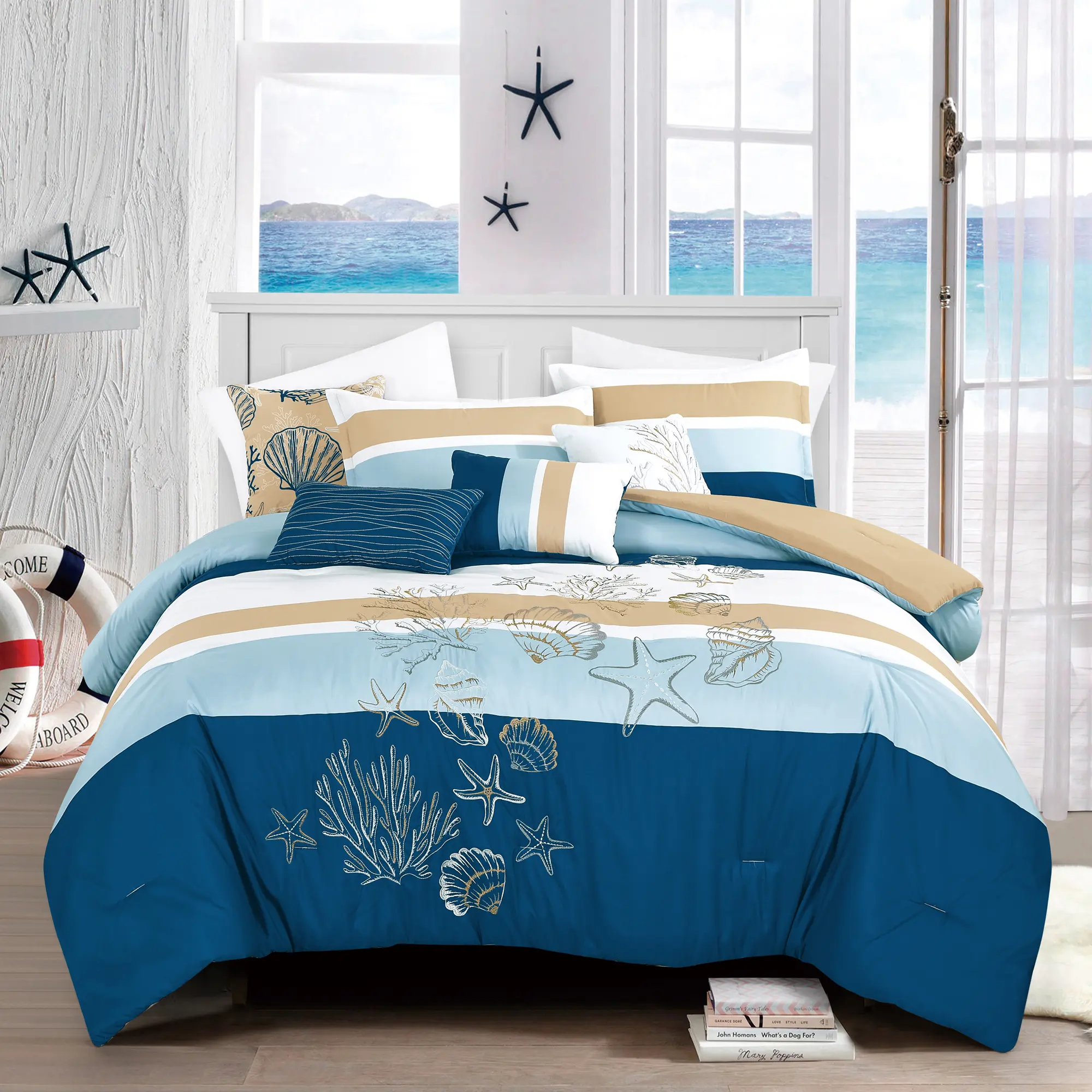 Luxury 7-Piece Coastal Comforter Set – Nautical Blue Beach Bedding with Embroidered Seashells & Decorative Pillows – Soft Polyester Comforter Set, Queen / King / Cal King
