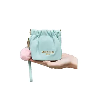 Nicole Lee USA Small Faux Leather Pouch – Elegant 2-Tone Design w/ Gold Hardware & Pompom Keychain