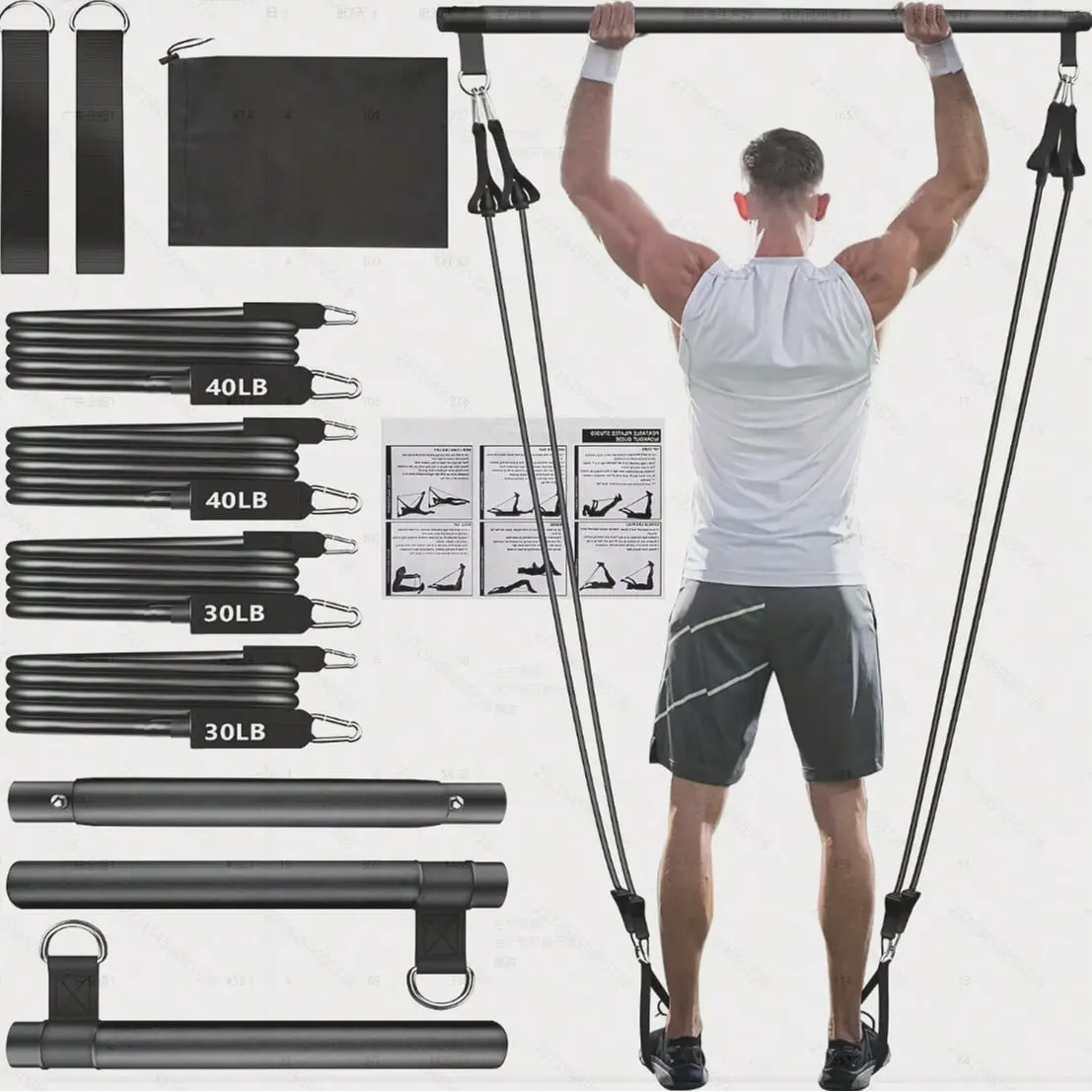 Unisex 8-Piece Bands Set Pilates - Resistance Band Pilates Gear, Includes Anchor, Handles, Ankle Straps for Low-Impact Core Training, Portable Adult Home Fitness