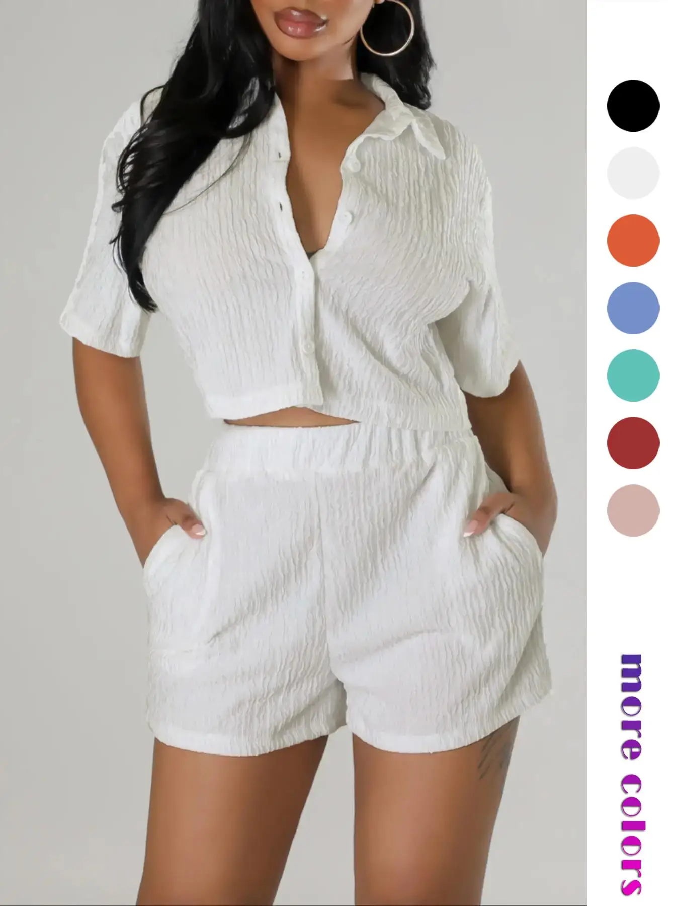 Two-piece Set Women's Textured Button Front Shirt & Elastic Waist Shorts Set, Chic Casual Style Versatile Short Sleeve Collared Top & Pocket Design Sh