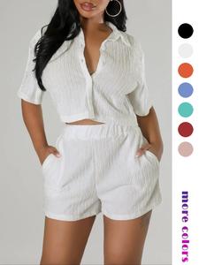 two-piece set women's textured button front shirt & elastic waist shorts set, chic casual style versatile short sleeve collared top & pocket design shorts, back to school outfits, two-piece outfits for women, womenswear