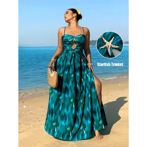【Magic Women】Plus Size - Plus Size - Women'S Plus Size Elegant Vintage Spring Summer Decor 3D Stereoscopic Star Back Criss Spaghetti Strap Side Slit Dress, Suitable for Vacation, Beach, Party Wear