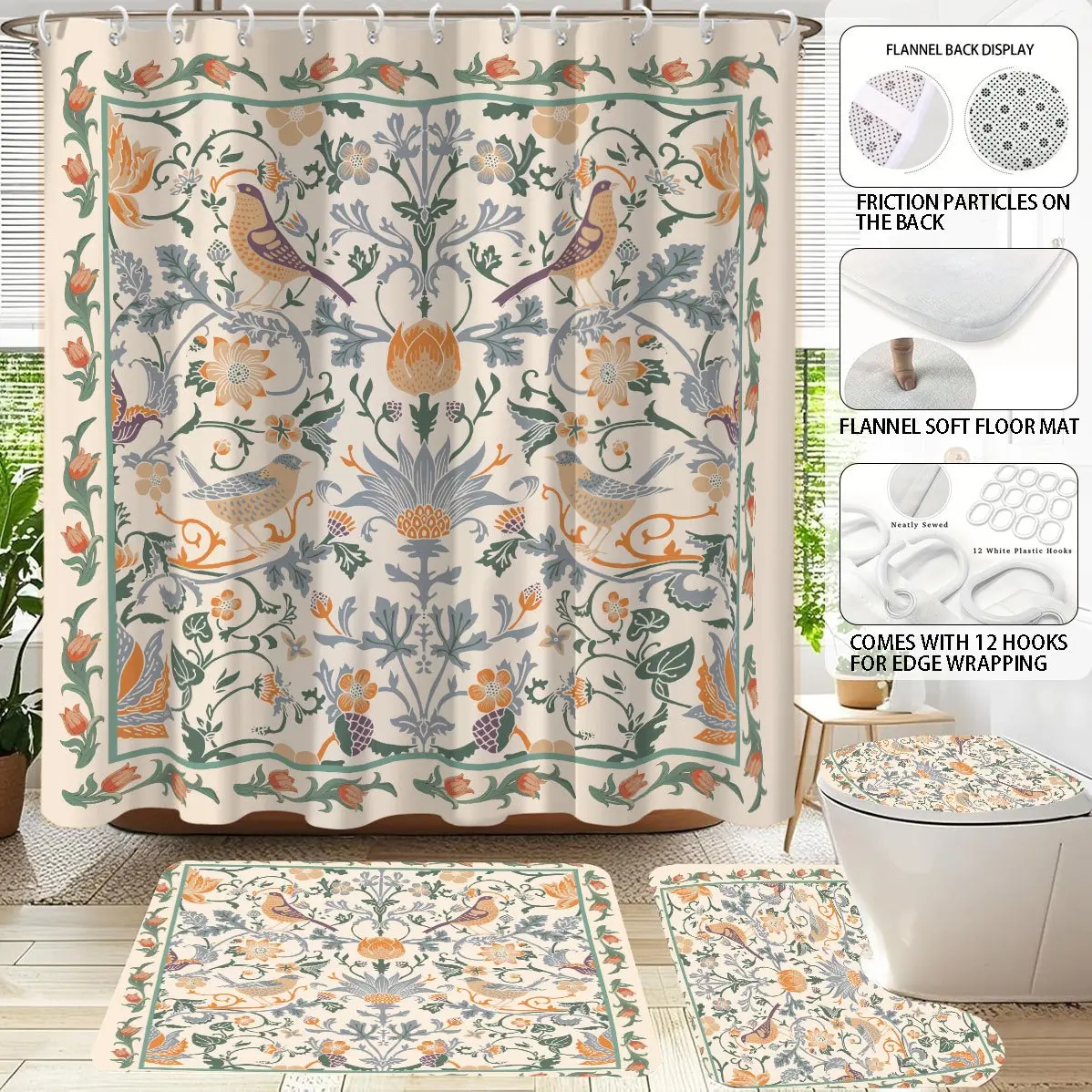 4Pcs William Morris Bohemian Bathroom Set, 71x71 Inch Floral Bird Shower Curtain with 12 Hooks, Toilet Lid Cover, Non-Slip Rectangular & U-Shaped Bath Mats, Vintage Farmhouse Bathroom Decor