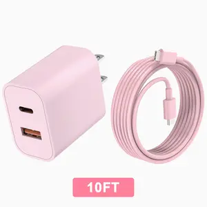 Multi Color 20W 2-Ports PD Fast Wall Charger with 10FT Extra Long Type C  to C Cable，Compatible withPhone/Android/Phone/Samsumg/Pad