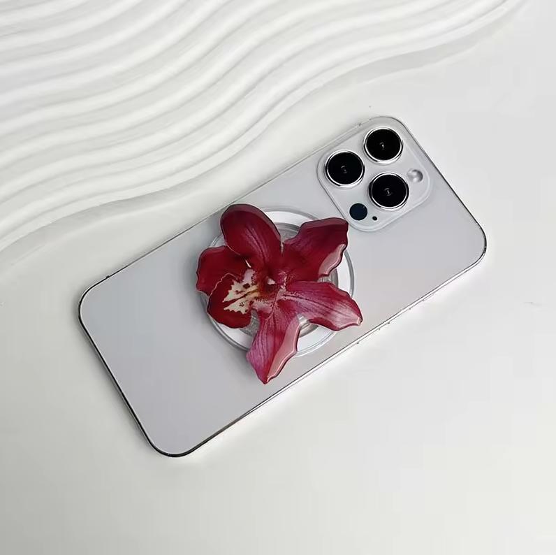 Pink Lily and Crimson Orchid Magsafe Phone Grip, Sweet Pink Lily Magsafe Phone Socket, Realistic 3D Floral Magnetic Stand, Elegant Gift for Flower Lovers
