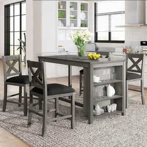 5 Pieces Counter Height Rustic Farmhouse Dining Room Wooden Bar Table Set with 4 Chairs, Gray Dining Tables