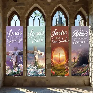4 Pcs Religious Banners, Polyester Material Jesus Easter Vertical Banners Religious Cross Empty Tomb Design for Church Home Living Room Wall Decoration Spiritual Faith Art Hanging Flags