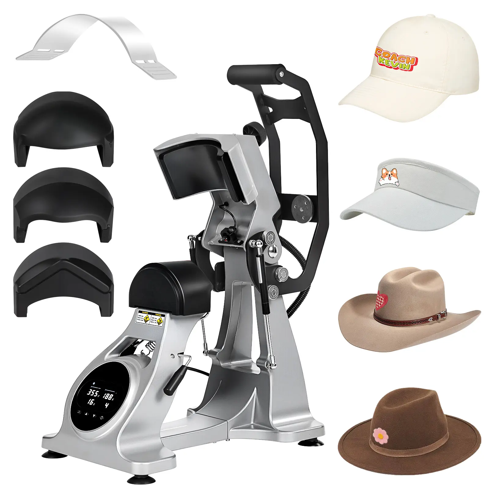 600W 3-in-1 Hat Heat Press Machine with 600W Motor, 3 Interchangeable Lower Platens, Dual Heating, LCD Control & Laser Alignment for Baseball Caps, Trucker Hats