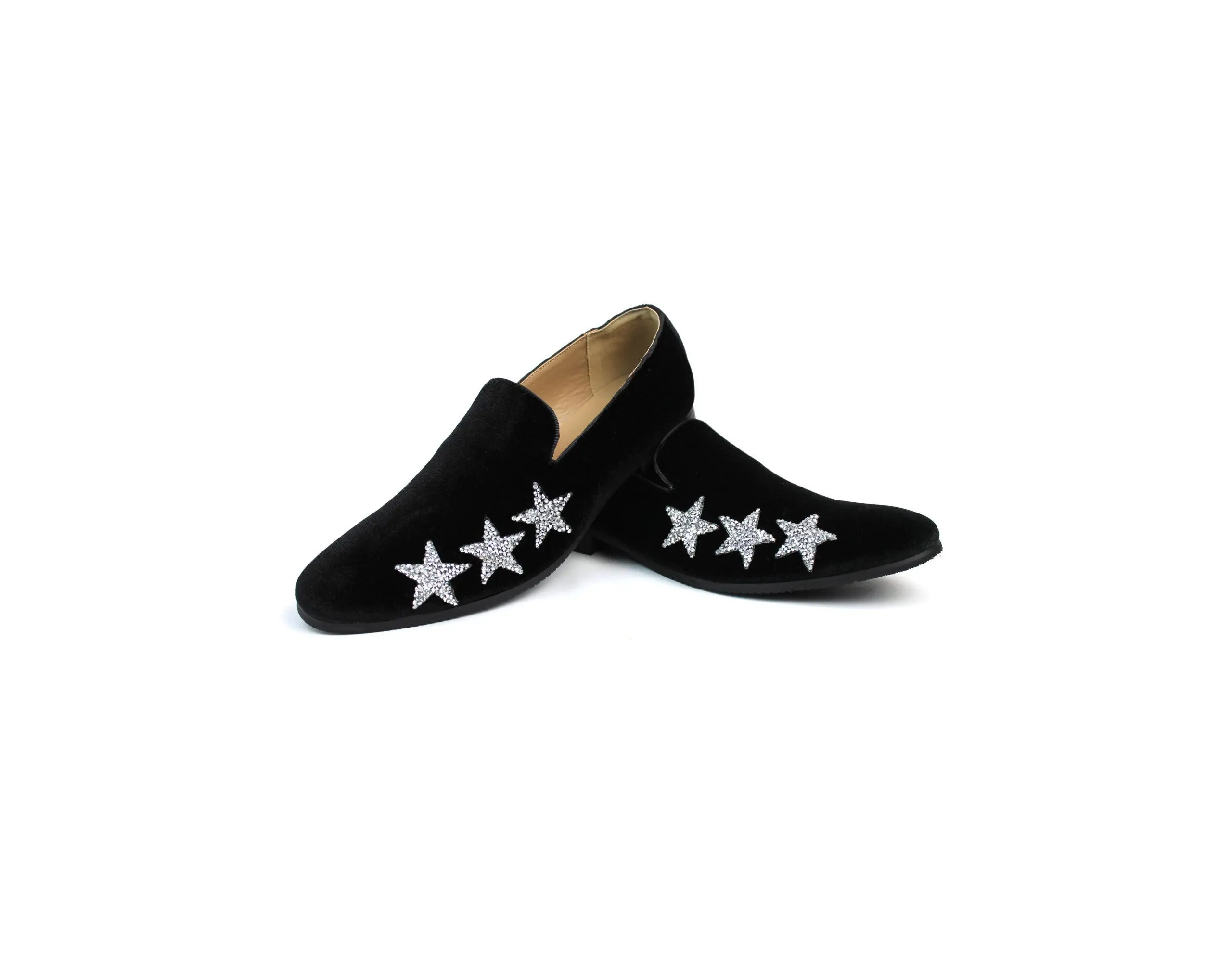 Men's Slip On Black Velvet Dress Loafers With Silver Rhinestone Stars