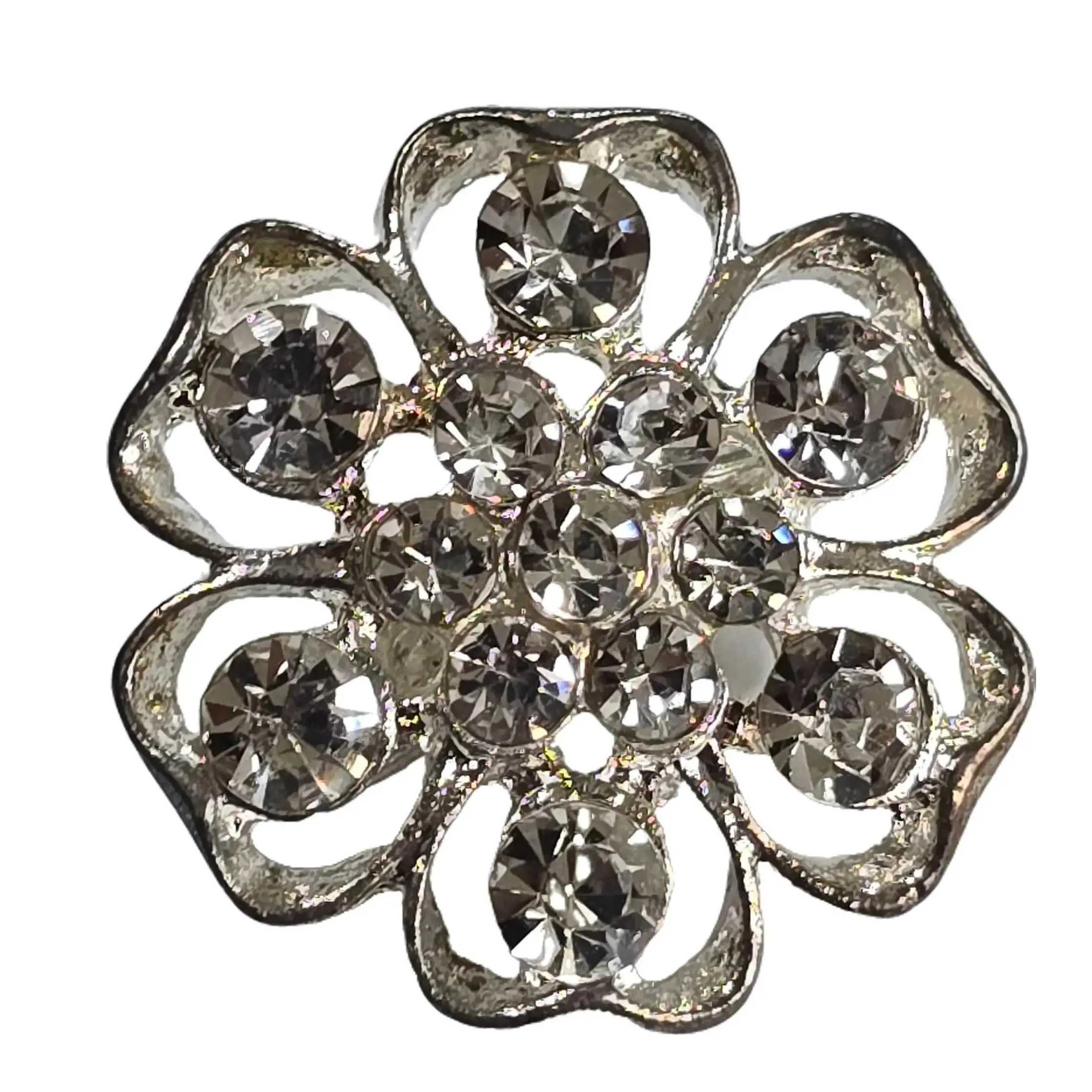 Vintage Silver Tone Flower Shaped Brooch with Clear Rhinestones Estate Jewelry Brooch