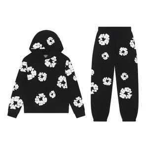Trendy Hot D-Denim T-Tears Black White Floral Unisex Baggy Streetwear Pullover Hoodie and Sweatpants with Pockets 2 Sides, Couple Matching Streetwear Long Sleeve Hooded Sweatshirt