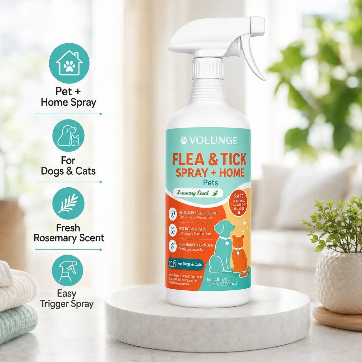 Flea & Tick Care Spray for Dogs & Cats, Rosemary Scent Pet Coat & Home Care Mist, Easy Trigger Daily Grooming Spray, 10.14 fl oz (300 mL)