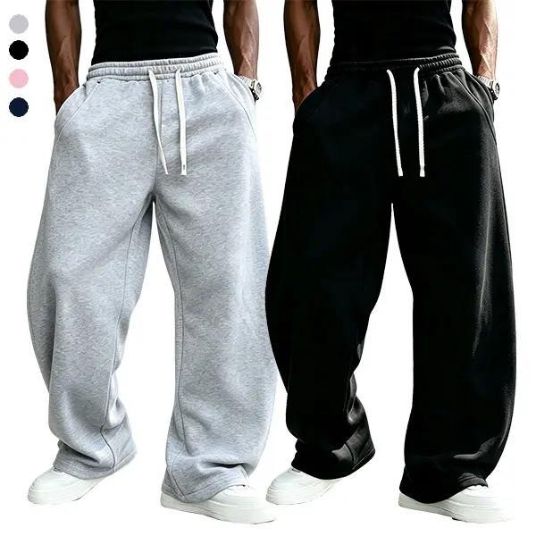 Men’s solid-color trendy sweatpants, loose wide-leg drawstring joggers with metal studs on the sides, autumn streetwear running pants, versatile for shopping and outings, men’s long pants.