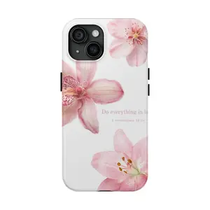 Pink Lily Bible Verse Phone Case for IP 17 16 15 14 13 12 11 Pro Max XR Xs 6 7 8 Plus SE, Aesthetic Christian Elegant Pink Lily & Cherry Blossom Case, Shockproof Heavy Duty Protective Cover, Faith Girly Elegant Bible Verse Tough Case, Jesus Phone Case