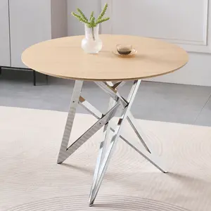 [Fahuac] 37" Round Dining Table for 2-4 People – Small Kitchen Table with Silver Metal Legs, Modern Burlywood Finish, Space-Saving for Apartment