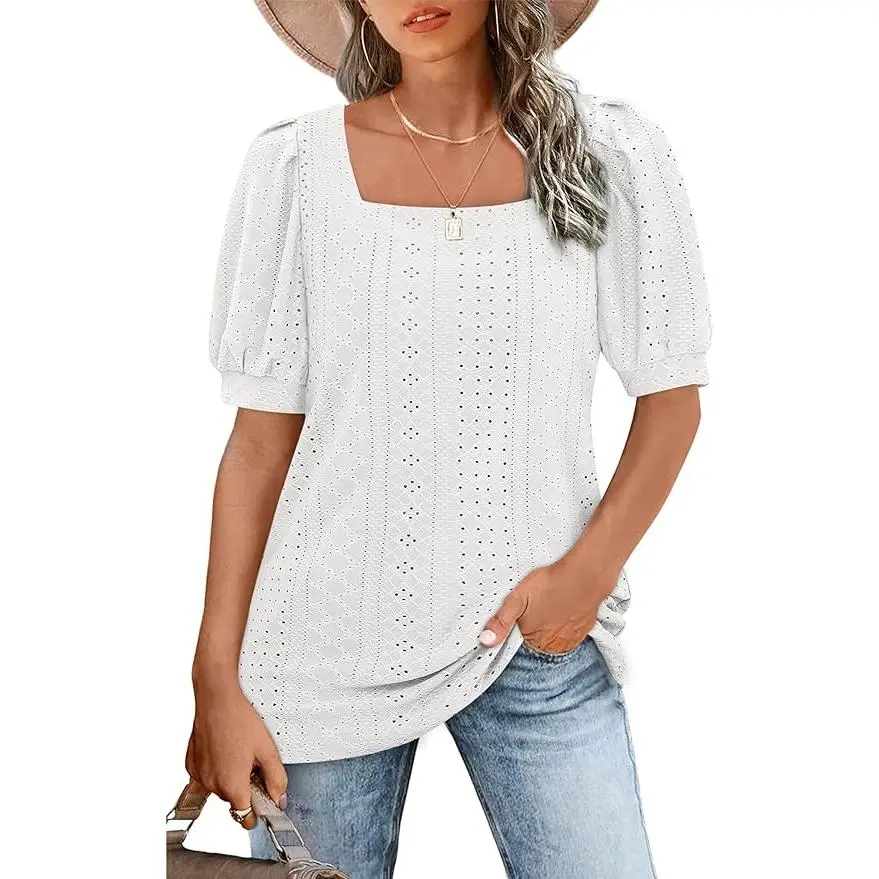 Imily Bela Womens Summer Tops 2024 Square Neck Short Sleeve Tunic Tops Eyelet T-Shirts S-2XL