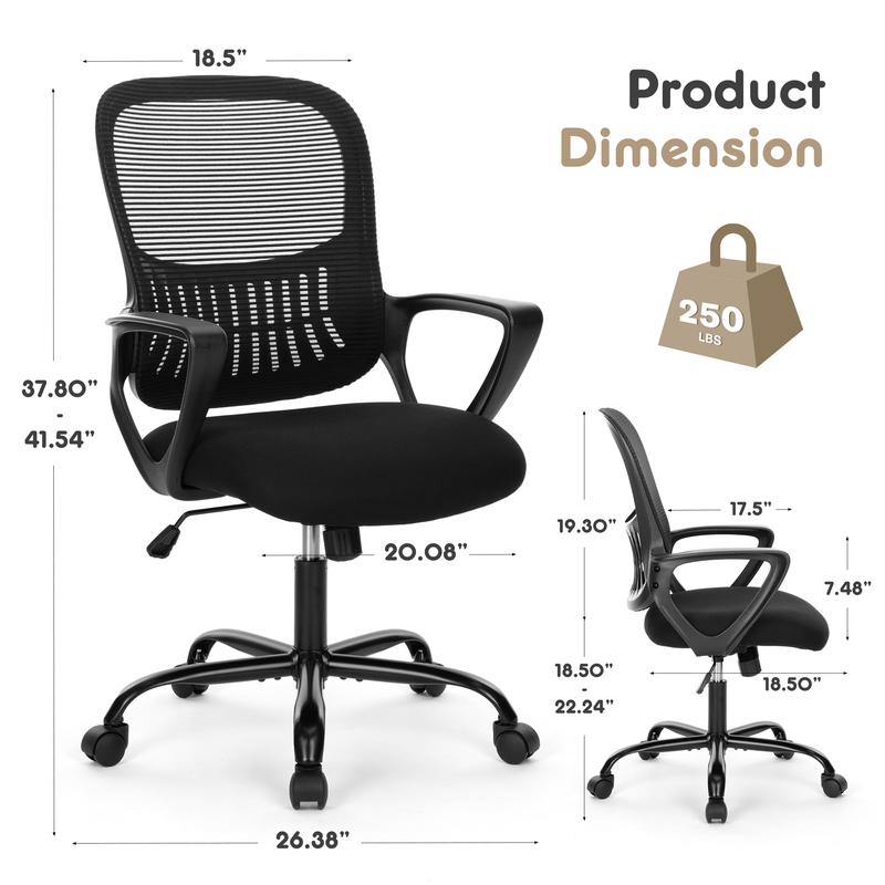 Home Office Chair, Mid Back Computer Ergonomic Mesh Desk with Larger Seat, Executive Height Adjustable Swivel Task with Lumbar Support and Armrests