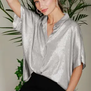 Women's Silver Collared Metallic Woven Button Down Top - Shirts, Womenswear
