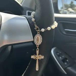 Car Steering Wheel Prayer Beads Religious Car Accessories, Cross Hanging Decorations for Men and Women, Automotive Ornament