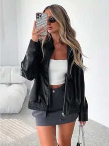 Women's Solid Color PU Leather Jacket, Casual Fashion Long Sleeve Zip Up Outerwear for Daily Wear, Ladies Clothes for Fall & Winter, Coats