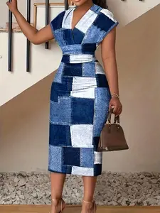 Plus Size Color Block Waist Fitted Dress for Summer Casual Patchwork Plaid Batwing Cap Sleeve V Neck High Waist Knee Length Rust Brown Fabric