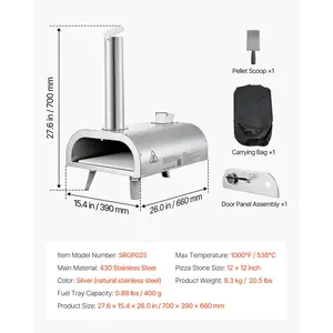 VEVOR Pizza Oven Outdoor, 12 Pellet Pizza Oven, Portable Pizza-Stove with Built-in Thermometer, Wood Fired Stainless Steel Pizza-Maker, for Backyard, Camping, Pizza-Stone, Shovel, Carry Bag, Silver