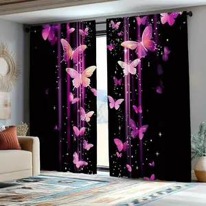 2-Piece Butterfly Print Curtains, Window Curtain, Semi-Transparent Polyester Fabric, Translucent Fabric, & Butterflies, Perfect for Bedroom or Living Room Decor